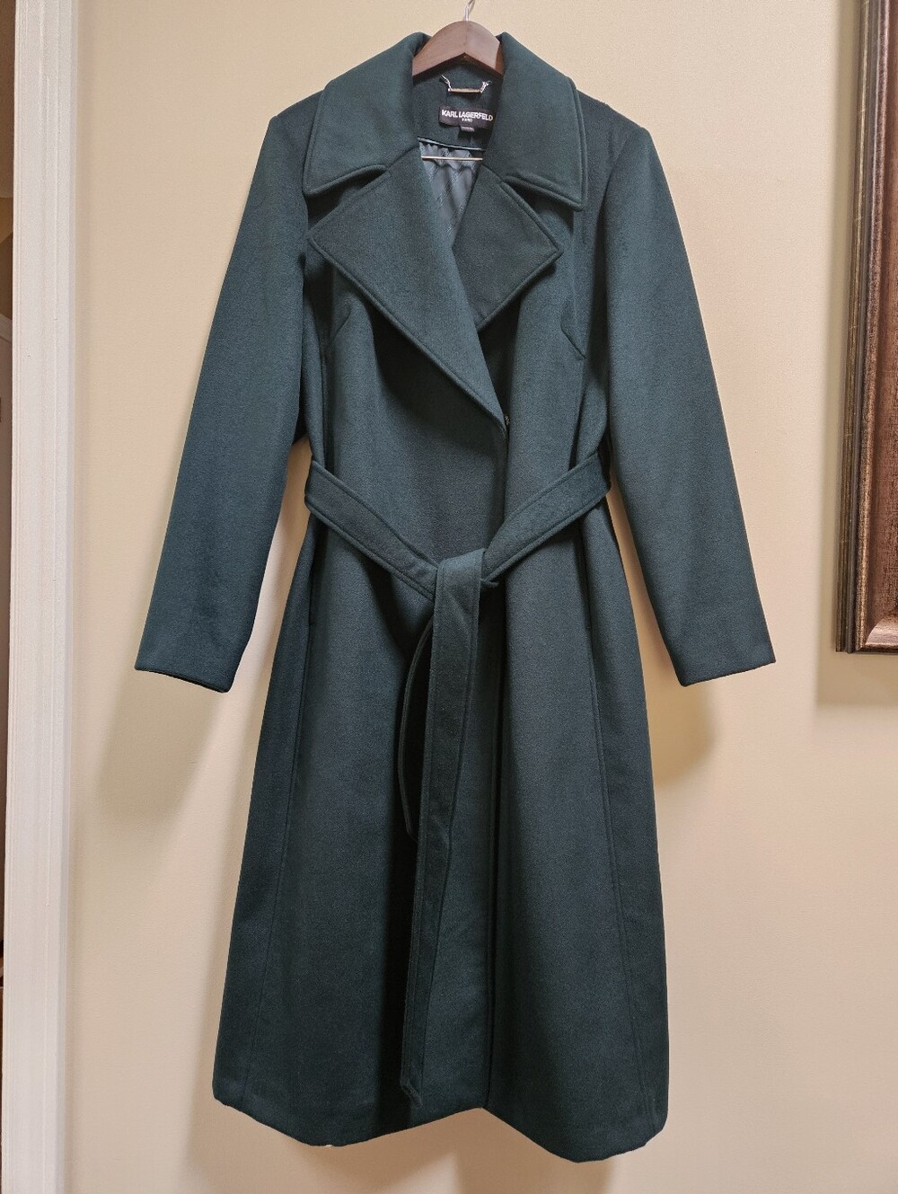 ​KARL LAGERFELD PARIS Women's XL Forest Green Wool Blend Belted Wrap Trench Coat